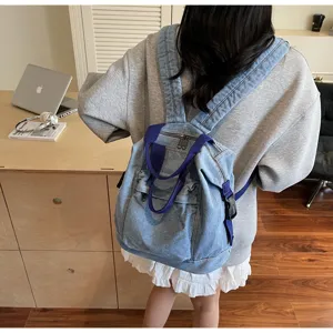 Washed denim women backpack casual daily student school bag large capacity minimalist fashion
