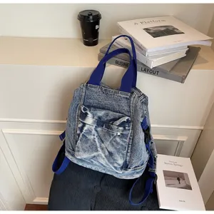 Washed denim women backpack large capacity minimalist student casual stylish daypack detail view