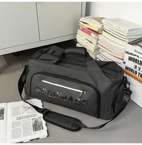 Large capacity dark grey sports duffel bag, casual travel fitness shoulder bag.