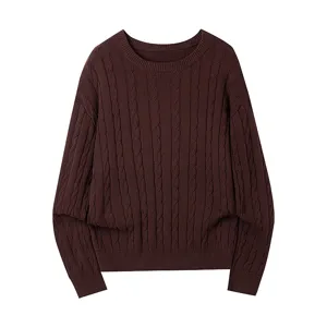 Men's brown cable knit crew neck sweater casual long sleeve pullover winter warm stylish top.