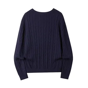 Men's navy blue round neck cable knit sweater, solid color long sleeve casual pullover.