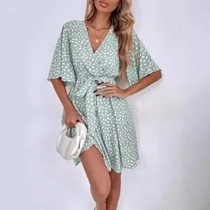 Fashion green polka dot V-neck short sleeve wrap mini dress with waist belt for women