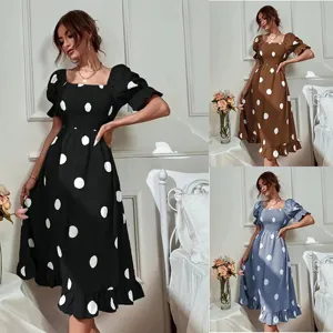 Women's Sweet Square Neck Short Sleeve Puff Sleeve Ruffle Hem Polka Dot Midi Dress Slim Fit Casual Dress