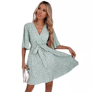 Women V-Neck Short Sleeve Casual Dress Summer Floral Waist Tie Green Mini Party Dress