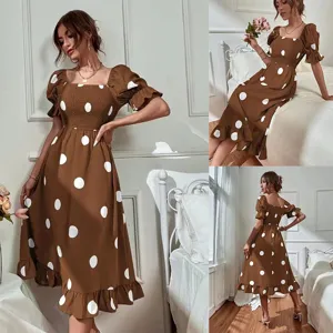 Brown polka dot short sleeve midi dress for women square neck casual summer wear