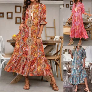 Women's Casual Boho Floral Print V-Neck Three-Quarter Sleeve Ruffle Long Maxi Dress Elegant Vacation Dress For Women