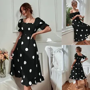 Black polka dot dress women short puff sleeve square neck sweet midi dress for summer