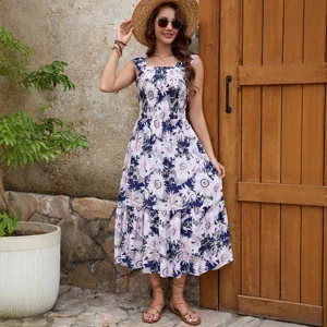 Women Casual Floral Print Off Shoulder Ruffled Sleeve Smocked Waist Large Swing Slip Midi Dress Summer Vacation Resort Wear