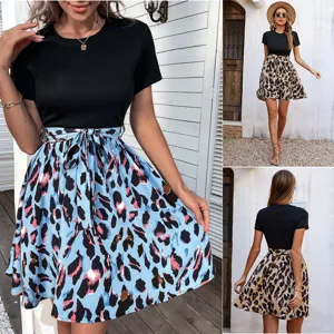 Robe Décontractée pour Femmes Manches Courtes Col Rond Imprimé Léopard Épicé avec Nœud Papillon Taille Lacets Mode Été