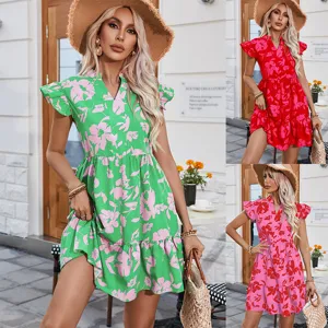 Women Casual Short Sleeve V-Neck Ruffle Trim Floral Printed Midi Dress Summer Sweet Style Beach Party Dress