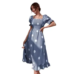 Women blue polka dot square neck short sleeve smocked midi dress with ruffle hem
