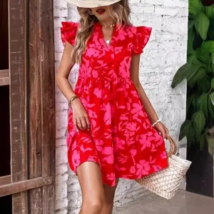 Ruffled floral red print V-neck mini dress for women casual summer beach vacation wear.