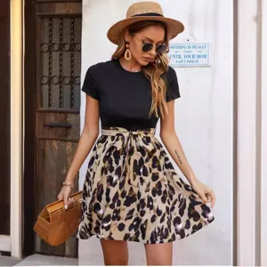 Robe femme manches courtes imprimé léopard patchwork avec ceinture nœud style été