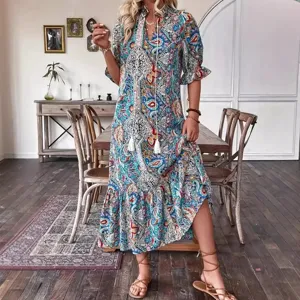 Bohemian floral printed long sleeve V-neck maxi dress with tassel tie and ruffled hem for women
