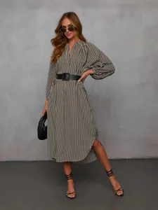 Chic striped long sleeve V-neck midi dress with stylish belt main product showcase