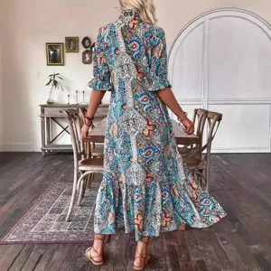 Bohemian floral print long dress with ruffles and mid sleeves for women autumn fashion.