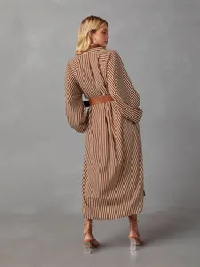 Women Autumn Striped Long Sleeve Midi Dress with Belt V-Neck Casual Elegant Fashion Outfit