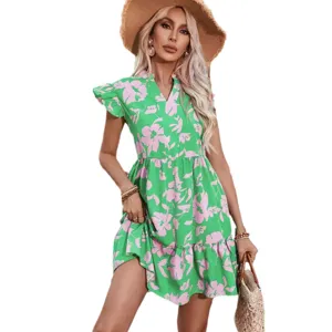Floral print V-neck ruffle sleeve loose summer dress for women fashion apparel casual wear