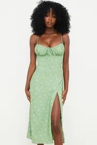 Summer floral spaghetti strap midi dress with ruched bust and front slit for women.