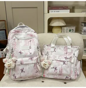 Großes chinesisches Stil-Druck Schüler Rucksack und Handtaschen Set mit niedlichem Bärenanhänger.