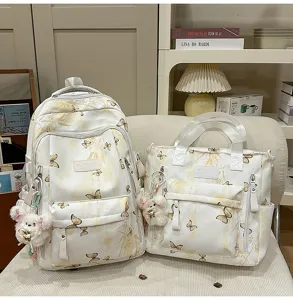 Modischer chinesischer Stil Schmetterling Druck Studenten Rucksack Handtasche Set Damen