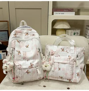 Chinesischer Stil Schmetterlingsdruck Schultasche Set mit Rucksack und süssem Bärenanhänger
