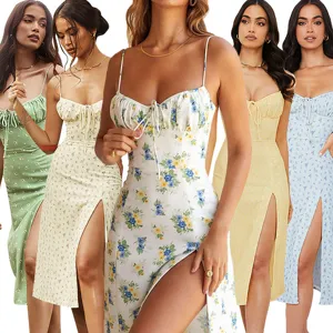 Women's Casual Floral Print Sling Midi Dress Sexy V-Neck High Split Summer Beach Sundress Party Clubwear