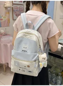 Vista detallada de la bonita mochila escolar con estampado de gato estilo japonés, gran capacidad.