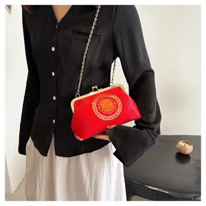 Chinese style retro red fabric evening bag with gold chain strap elegant clutch purse for women