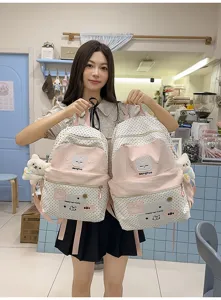Mochila escolar bonita con estampado de gato de dibujos animados japoneses gran capacidad rosa