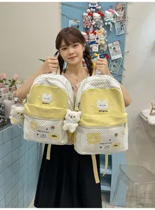 Estilo ins japonés lindo gato color contrastante gran capacidad mochila escolar