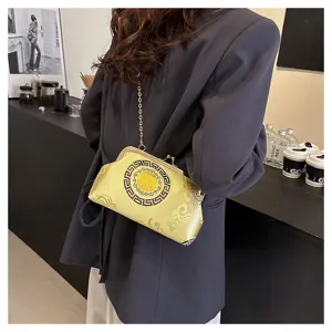 Exquisite Chinese style cloud pattern evening bag with metal chain, vintage clasp crossbody.