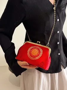 Women Chinese Style Cloud Pattern Embroidery Kiss Lock Evening Bag Vintage Satin Metal Chain Clutch Shoulder Crossbody Bag for Banquet Party