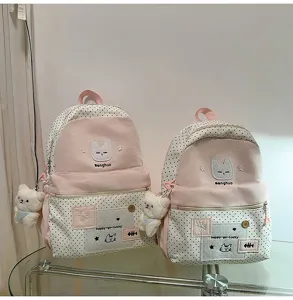 Mochila escolar de lona con lunares de gato de dibujos animados linda gran capacidad rosa pastel
