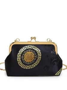 Elegant black evening bag with gold embroidery and kiss-lock closure for women stylish commute.