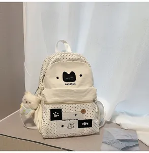 Mochila de lona de lunares de gato lindo estilo japonés gran capacidad bolso escolar diario.