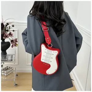 Stylish guitar shaped crossbody bag for women, cute colorblock design with cool rivets.