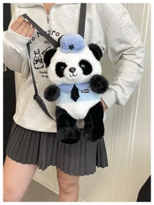Süßer Cartoon Cartoon Panda Plüsch Rucksack für Kinder, stilvolle Kontrastfarbe Polizei Tasche.
