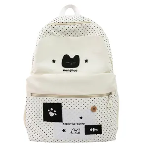 Mochila de lunares de estilo japonés lindo para estudiantes con bordado de gato gran capacidad