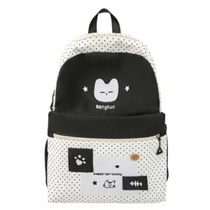 Mochila de lona de lunares estilo japonés lindo gato bordado bolsa escolar informal para estudiantes