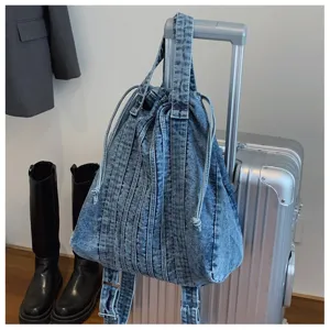Sac à dos en denim lavé vintage pour femme, sac de voyage décontracté multifonctionnel.