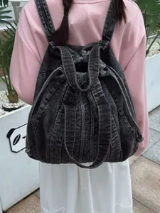 Sac à dos en denim lavé rétro pour femme, sac d'école de voyage casual grande capacité gris.
