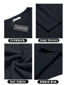 Herren Zopfmuster Pullover Detailansicht mit Rundhalsausschnitt und weichem Rippbündchen.