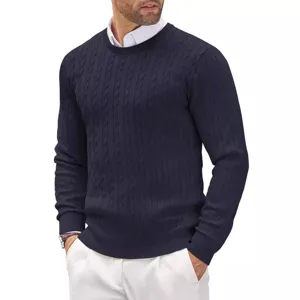 Herren Dunkelblau Zopfmuster Pullover Kasual Langarm Rundhals Herbst Winter Herrenbekleidung