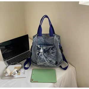 Washed denim women backpack casual large capacity school bag stylish daily daypack