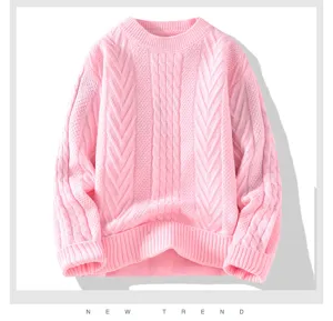 Maglione in maglia trecce rosa per donna e uomo, pullover casual ampio a maniche lunghe.