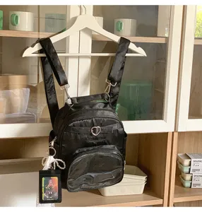 Black harajuku style mini backpack with transparent window and heart-shaped buckle for women