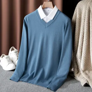Men's V-neck knit sweater with layered white shirt collar, casual solid long sleeve top.
