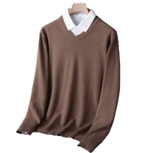 Casual V-neck knit sweater for men and women, solid brown long sleeve pullover with fake white shirt collar.