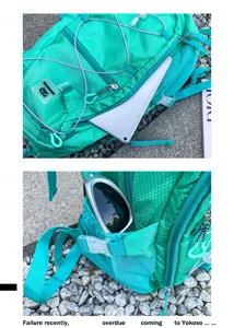 Grüner Outdoor-Rucksack im Detail mit Reißverschlusstasche vorne und praktischem Seitennetz.